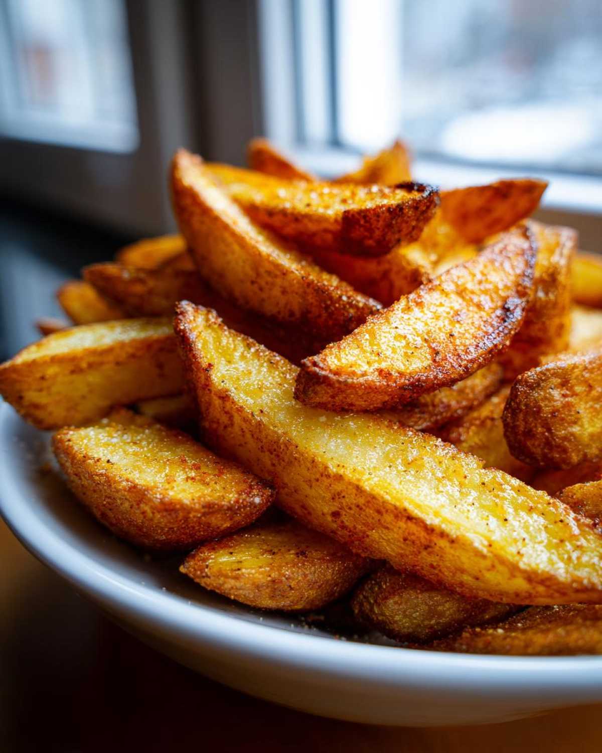 Close-up of perfectly seasoned, crispy air fryer potato wedges piled high in a white bowl.