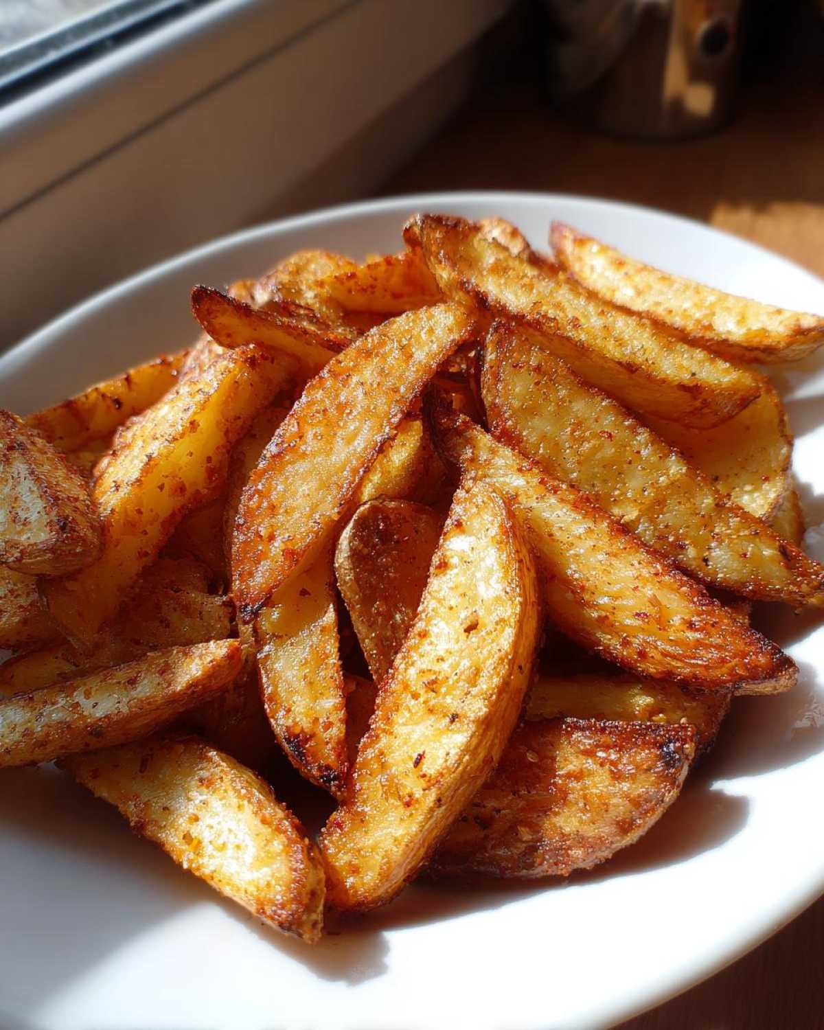 A close-up of golden brown, seasoned air fryer potato wedges piled high on a white plate.