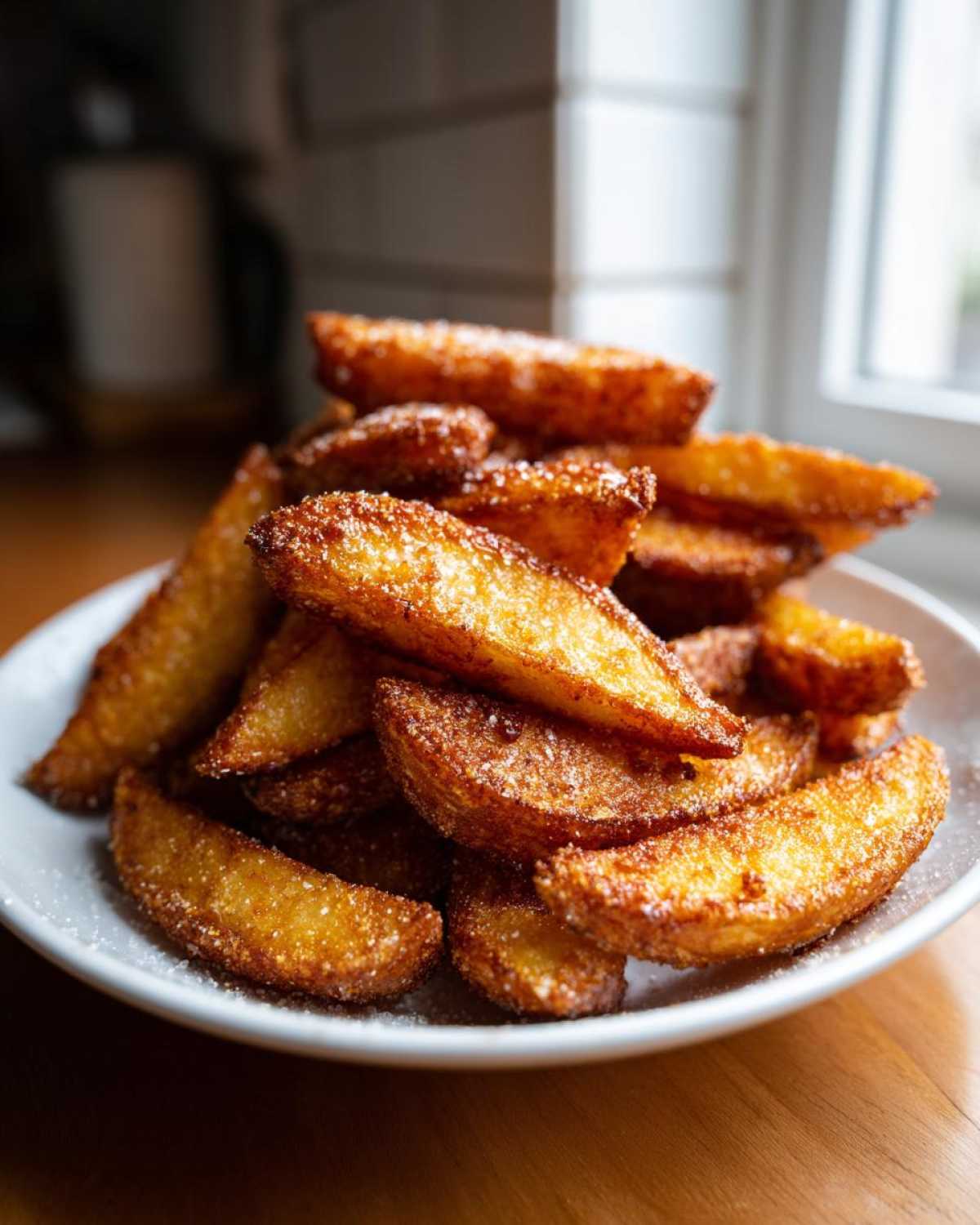 A close-up of a pile of golden brown, crispy air fryer potato wedges dusted with seasoning on a white plate.