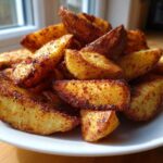 A close-up shot of a white plate piled high with golden brown, seasoned air fryer potato wedges.