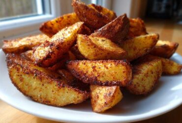 A close-up shot of a white plate piled high with golden brown, seasoned air fryer potato wedges.
