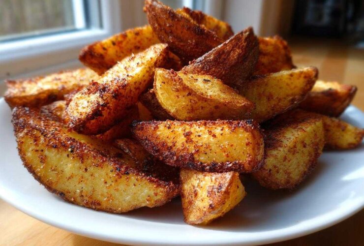 A close-up shot of a white plate piled high with golden brown, seasoned air fryer potato wedges.