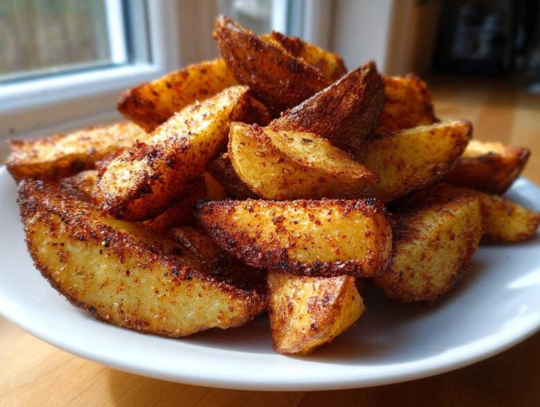 A close-up shot of a white plate piled high with golden brown, seasoned air fryer potato wedges.