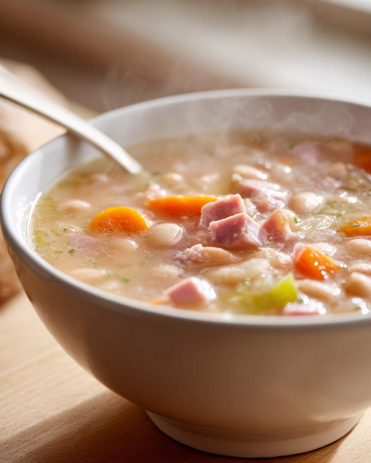 Close-up of a steaming white bowl filled with amazing 1 bean soup, featuring white beans, diced ham, and bright orange carrots.