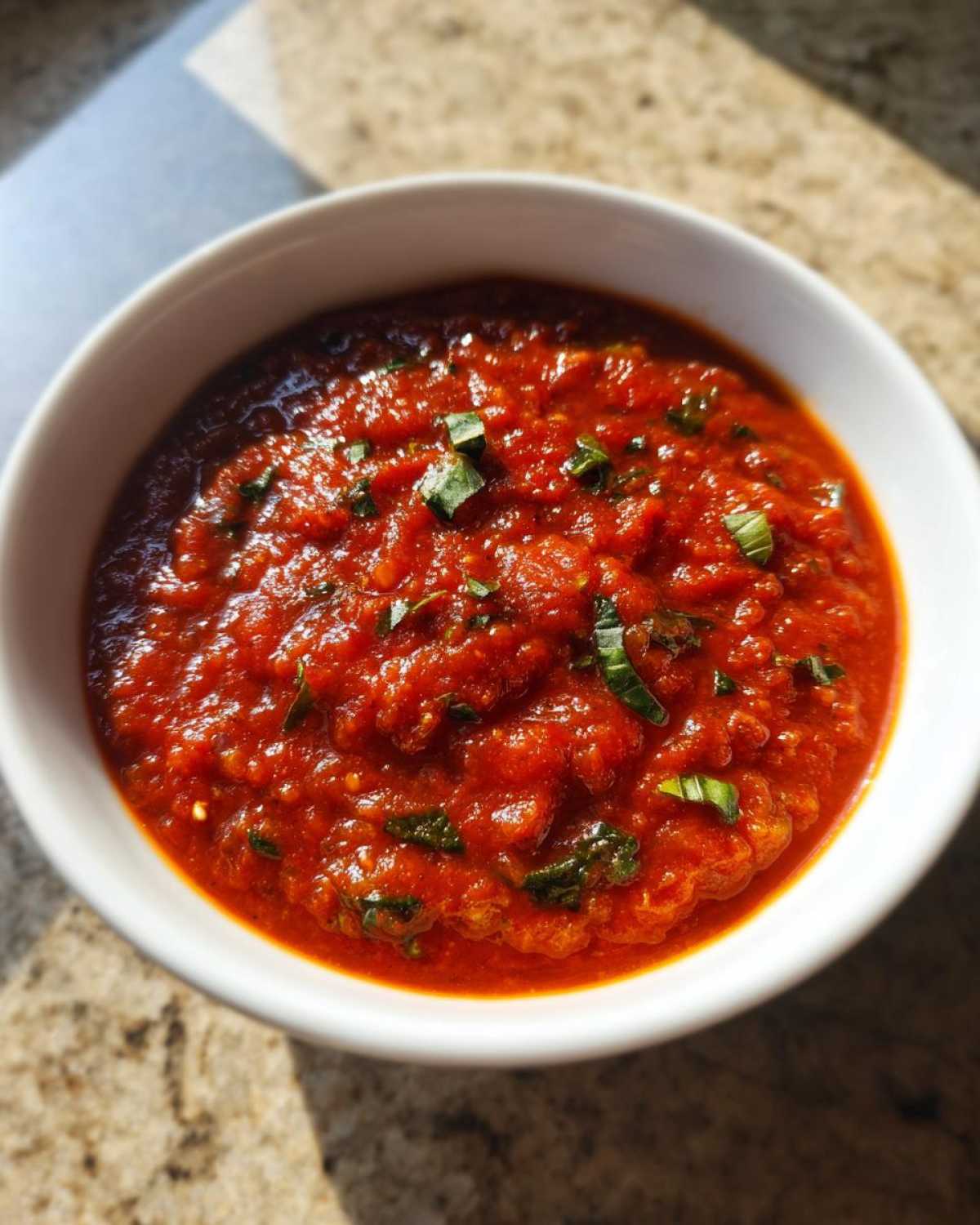 Close-up of rich, chunky tomato sauce garnished with fresh basil in a white bowl.