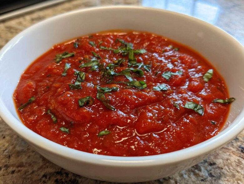Close-up of rich, chunky tomato sauce topped with fresh basil in a white serving bowl.