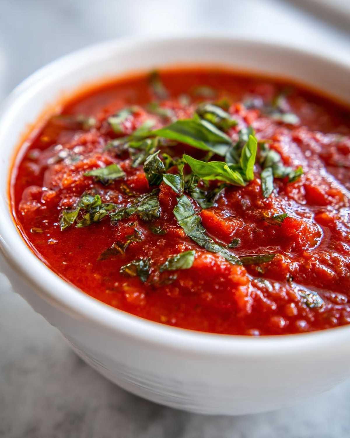 Close-up of a vibrant red, chunky tomato sauce garnished with fresh, chopped basil leaves in a white bowl.