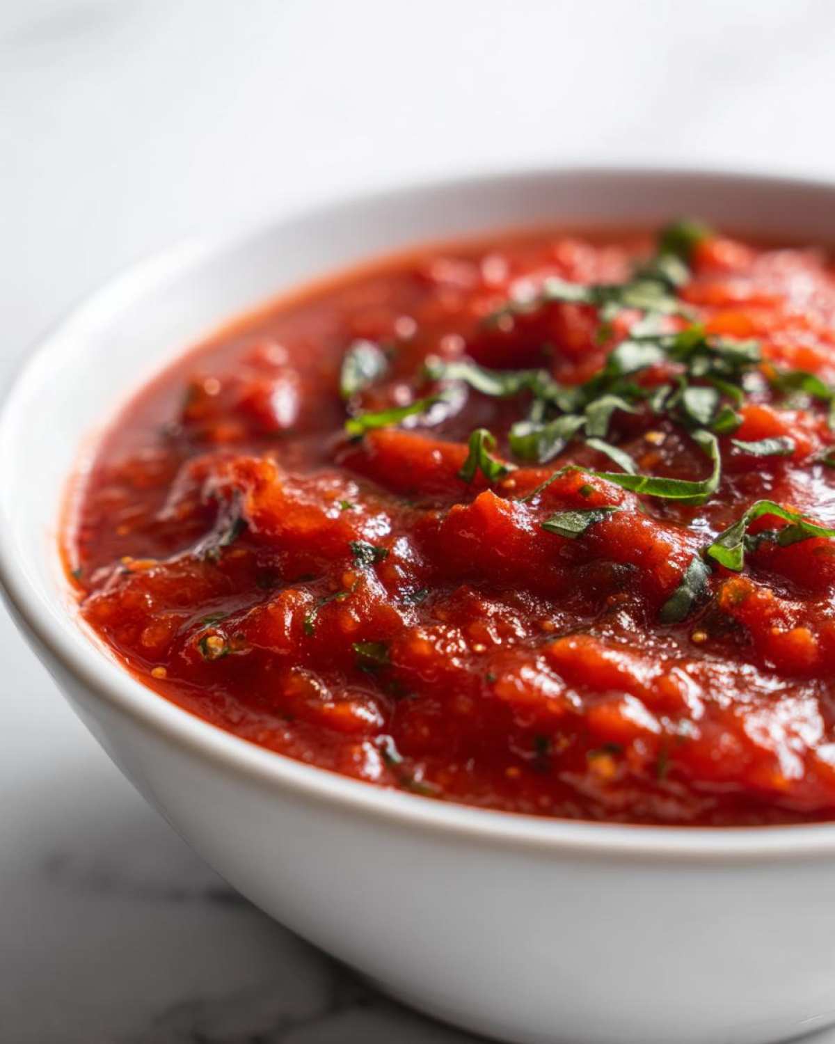 A close-up of rich, chunky homemade tomato sauce garnished with fresh basil in a white bowl.