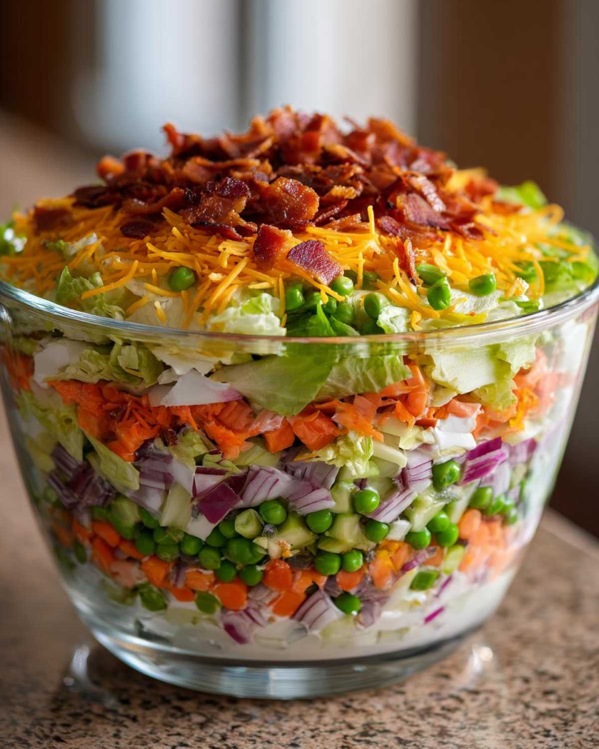 A tall, clear glass bowl showcasing the distinct layers of an amazing 7 layer salad, topped with cheese and bacon.