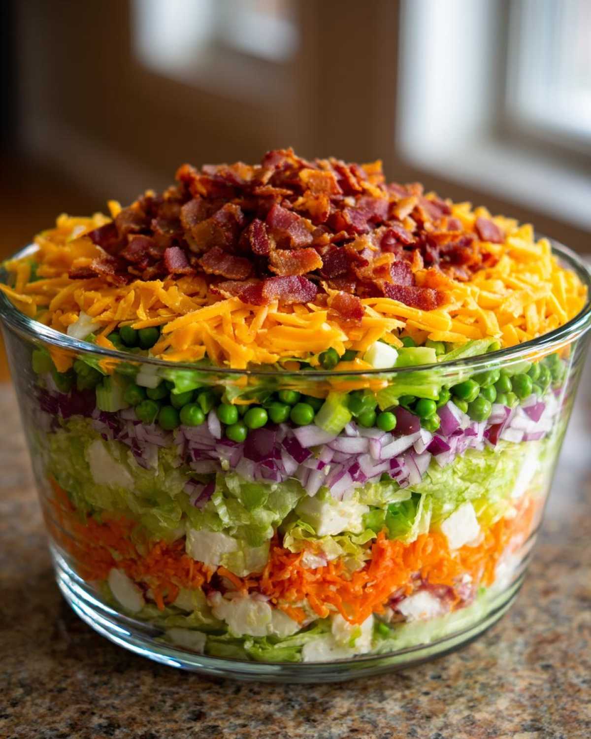 A clear glass bowl showcasing the distinct layers of an amazing 7 layer salad, topped with cheese and bacon.