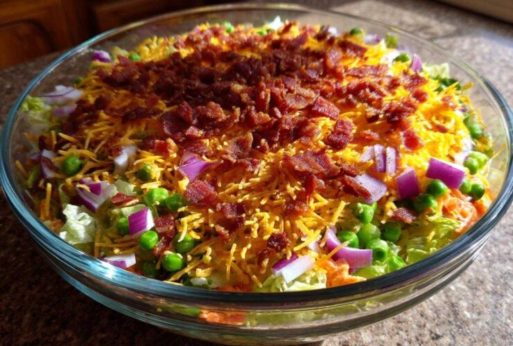 Close-up of a clear glass bowl filled with Amazing 7 Layer Salad, featuring layers of lettuce, peas, red onion, shredded cheese, and bacon bits.