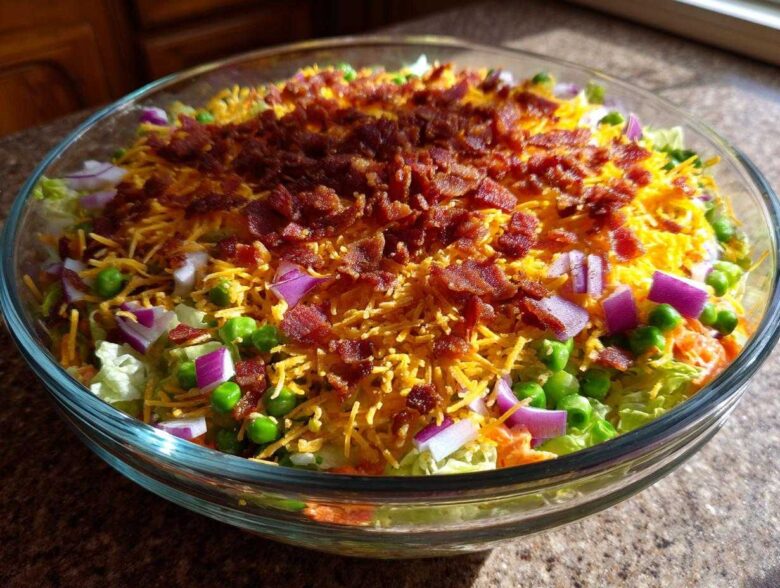 Close-up of a clear glass bowl filled with Amazing 7 Layer Salad, featuring layers of lettuce, peas, red onion, shredded cheese, and bacon bits.