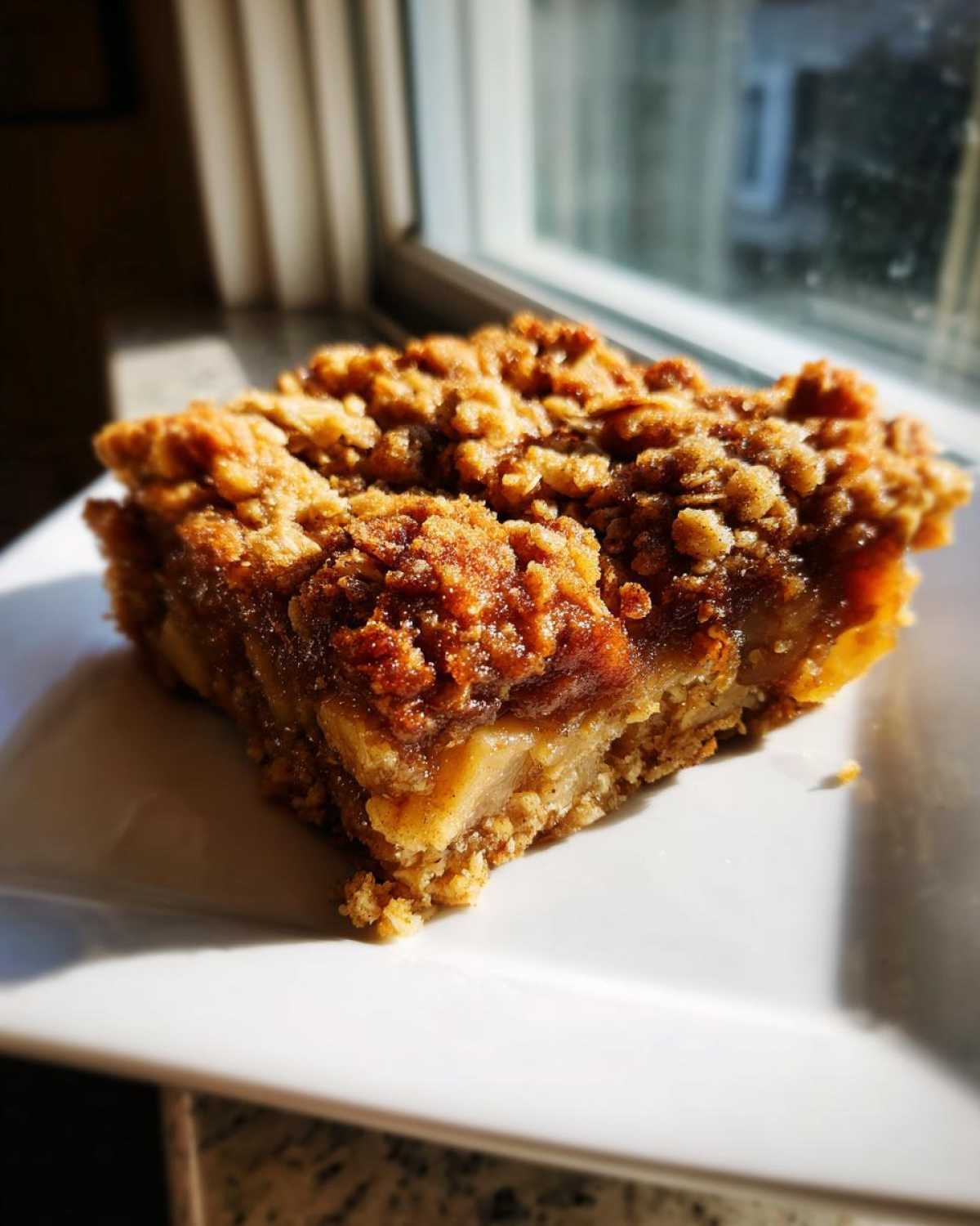A close-up, sunlit slice of baked oatmeal with a thick, caramelized brown sugar and oat crumb topping.
