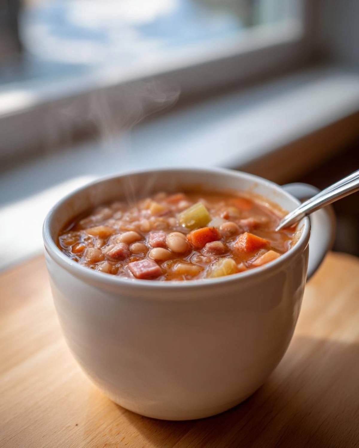 Close-up of a steaming white mug filled with hearty bean soup containing beans, carrots, celery, and ham chunks.