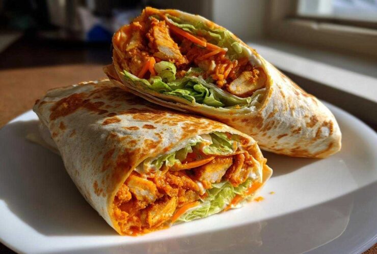 Two halves of an amazing buffalo chicken wrap, showing spicy chicken, lettuce, and carrots inside a tortilla.