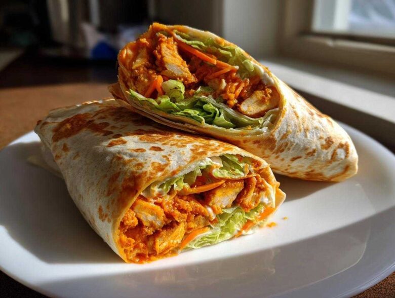Two halves of an amazing buffalo chicken wrap, showing spicy chicken, lettuce, and carrots inside a tortilla.