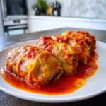 Four plump cabbage rolls smothered in rich tomato sauce served on a white plate.