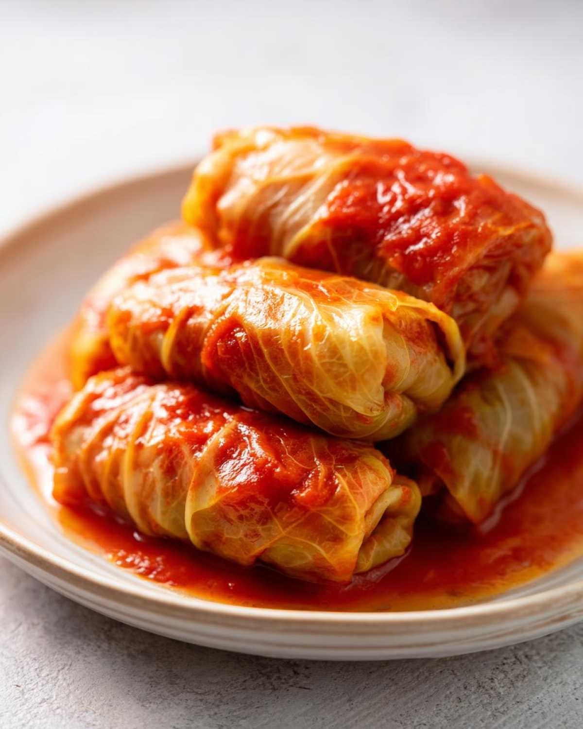 A close-up of several tender cabbage rolls smothered in rich tomato sauce, ready to eat.