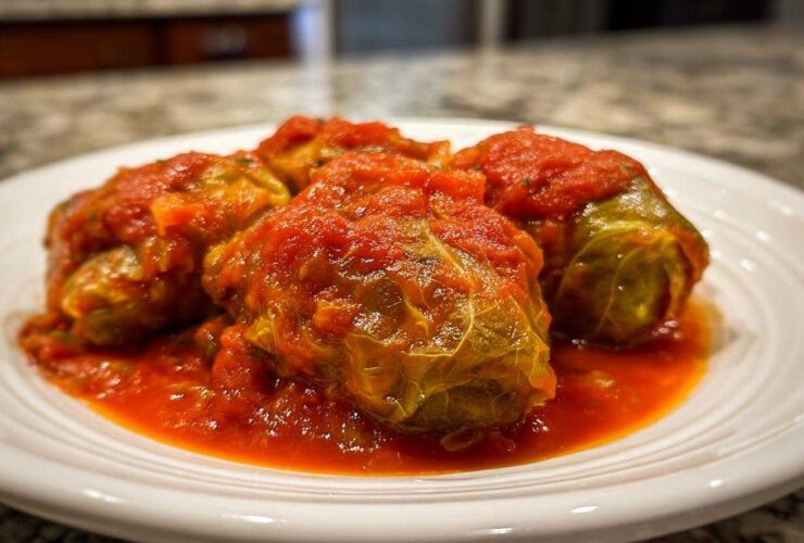 Close-up of three savory cabbage rolls smothered in rich, bright red tomato sauce on a white plate.