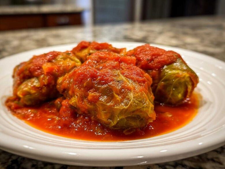 Close-up of three savory cabbage rolls smothered in rich, bright red tomato sauce on a white plate.