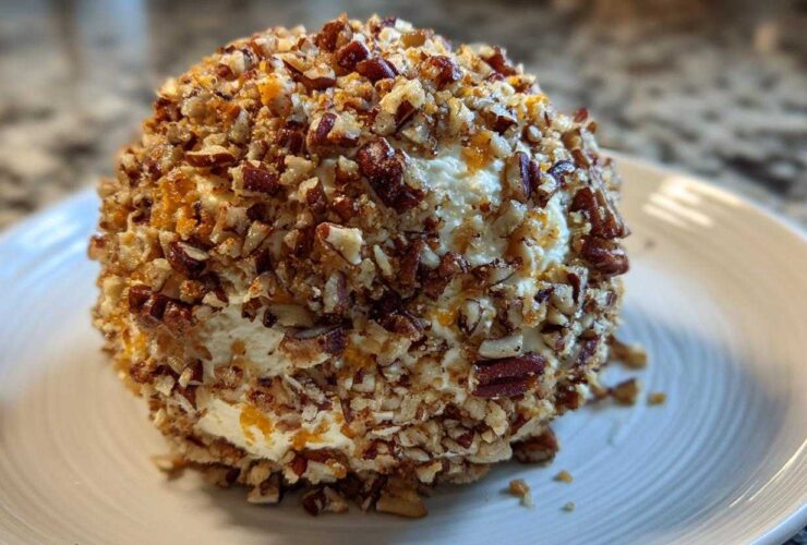 A perfectly formed, creamy cheese ball recipe coated entirely in chopped pecans, resting on a white plate.