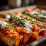 A close-up, appetizing shot of baked cheese enchiladas covered in red sauce, sour cream dollops, and fresh cilantro.