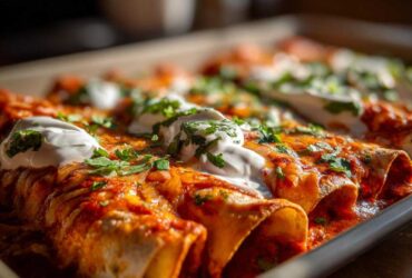 A close-up, appetizing shot of baked cheese enchiladas covered in red sauce, sour cream dollops, and fresh cilantro.