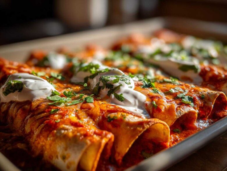 A close-up, appetizing shot of baked cheese enchiladas covered in red sauce, sour cream dollops, and fresh cilantro.