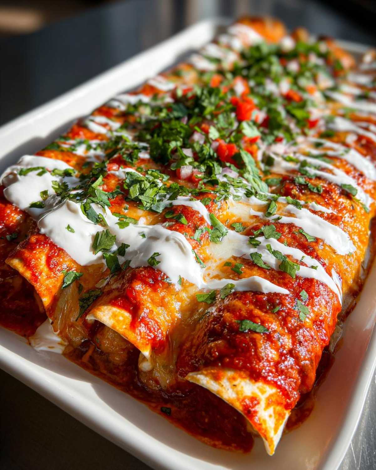 A long white platter filled with baked cheese enchiladas covered in red sauce, sour cream, and fresh cilantro.