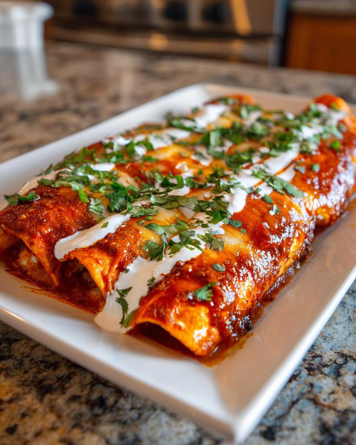 A close-up of three saucy cheese enchiladas covered in red sauce, sour cream, and fresh cilantro.