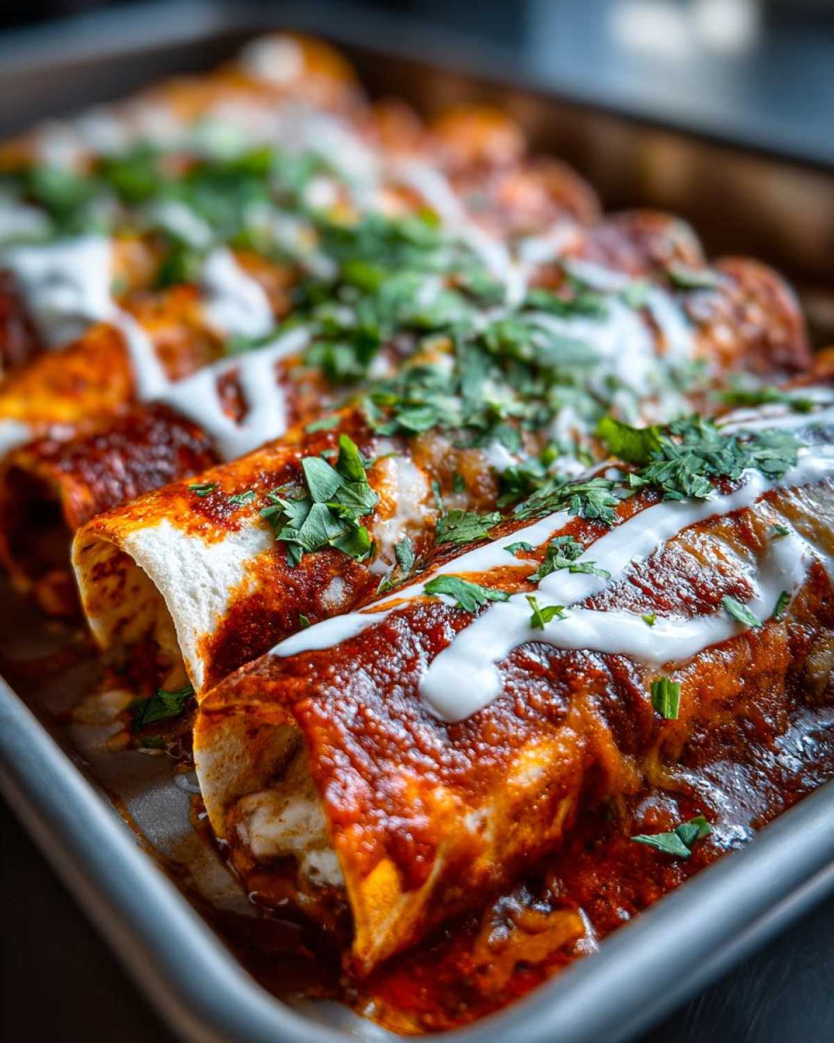 Close-up of baked cheese enchiladas covered in rich red sauce, drizzled with sour cream and fresh cilantro.