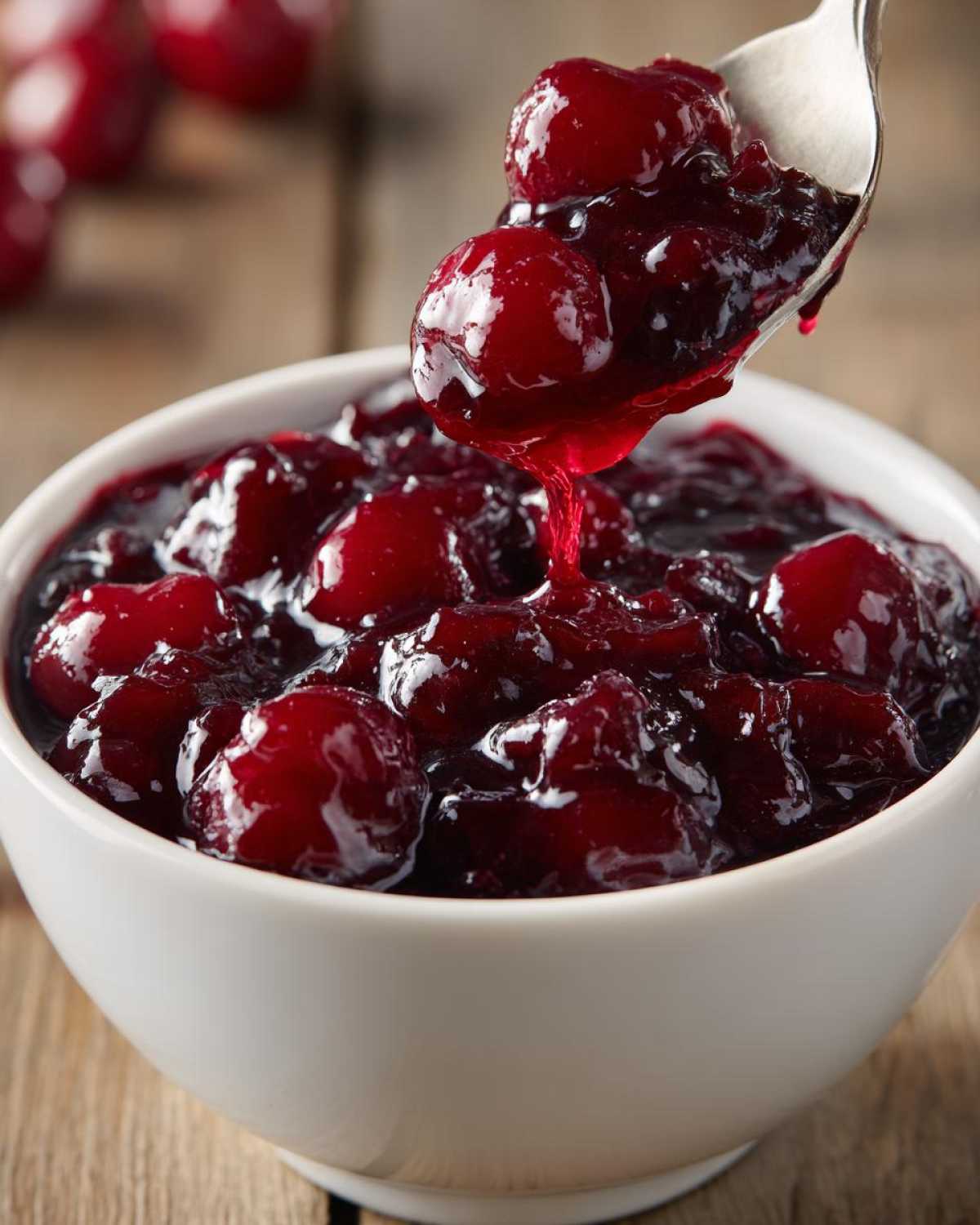 A spoonful of thick, glossy cherry pie filling is lifted from a white bowl filled with rich, dark red cherries.