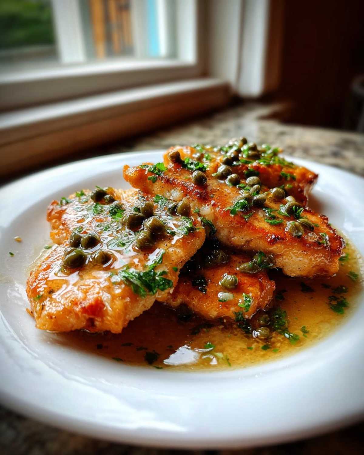 Three pieces of pan-seared chicken piccata covered in a bright lemon butter sauce and topped with capers and parsley.