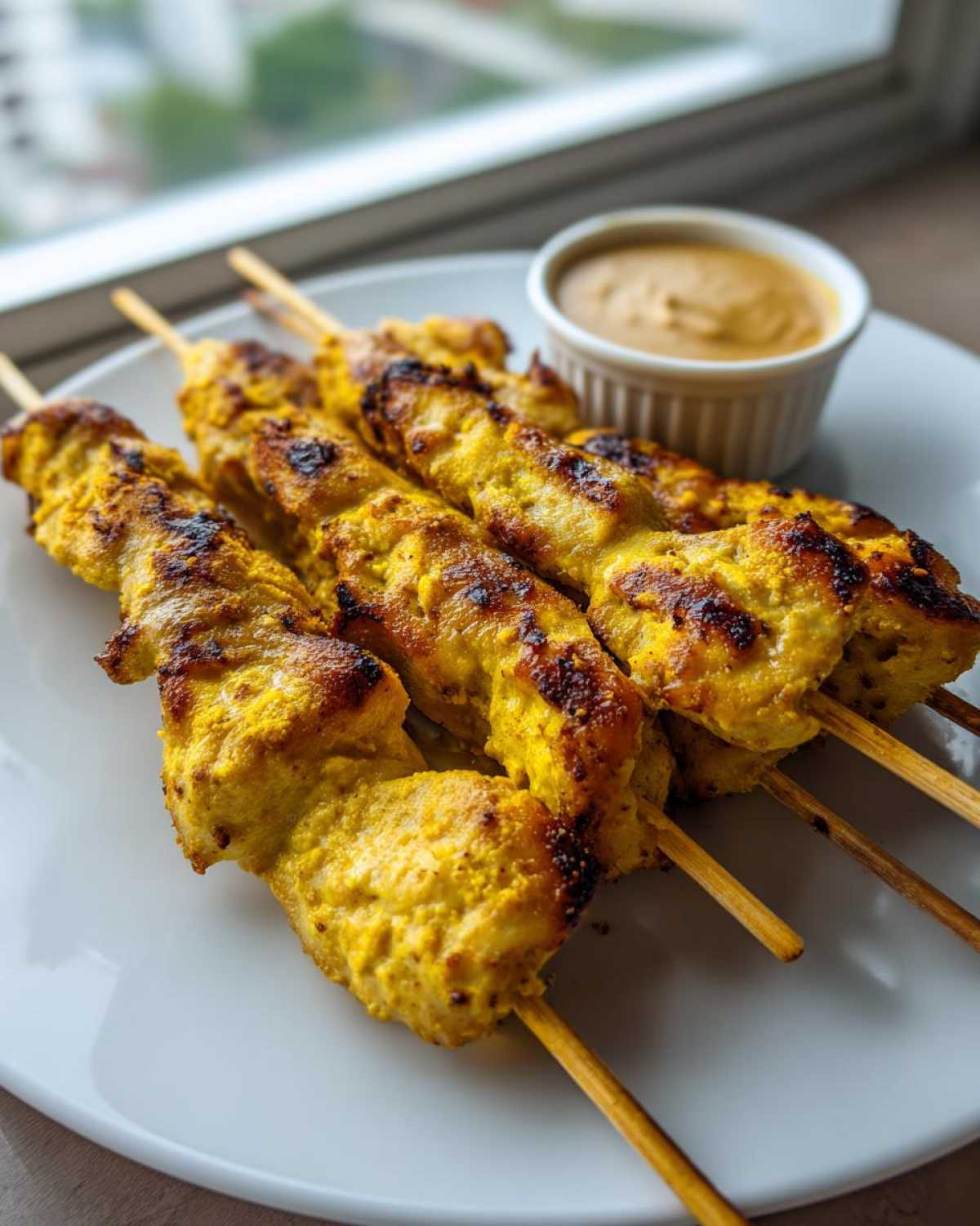 Four skewers of bright yellow, grilled chicken satay served on a white plate next to a small bowl of peanut dipping sauce.
