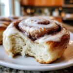 A close-up of a soft, freshly baked cinnamon bun with thick white icing, showing a bite taken out to reveal the fluffy interior.