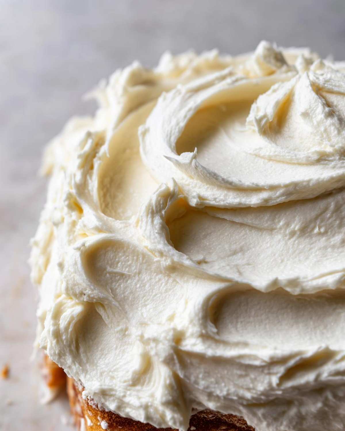 Close-up of thick, perfectly swirled, white cream cheese frosting generously spread on top of a cake layer.