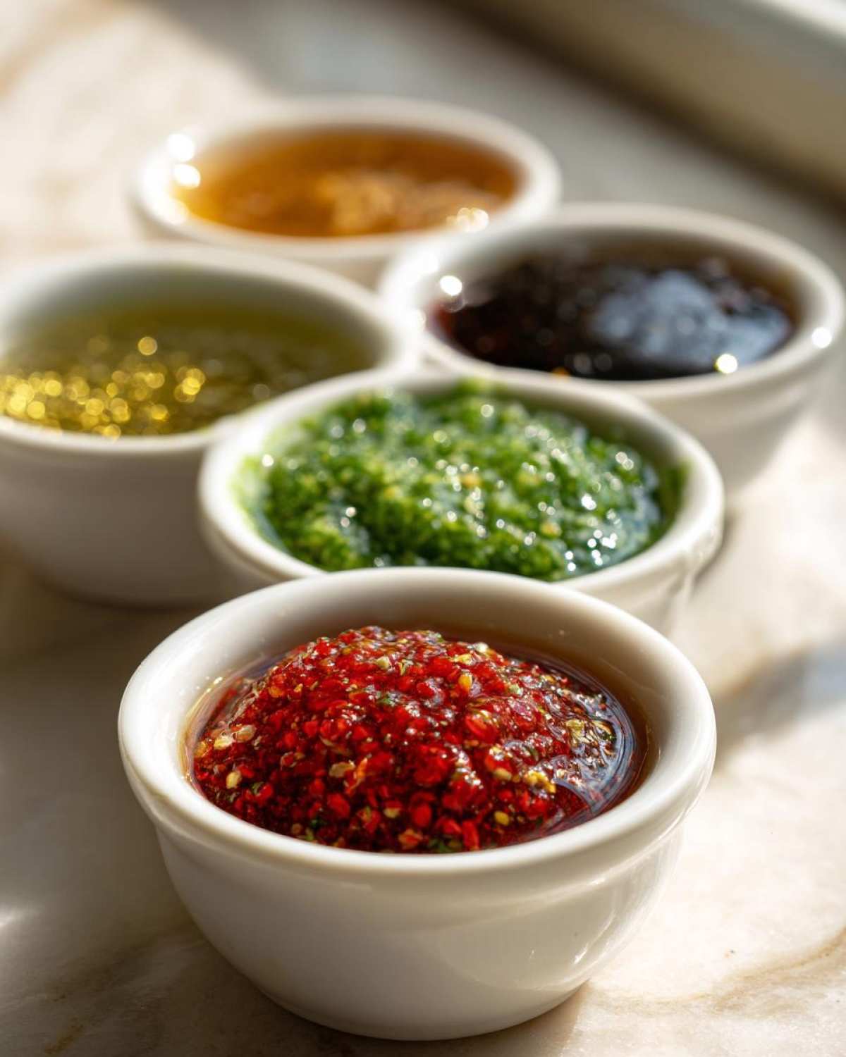 Five small white bowls containing different colorful Dumpling Sauce varieties, including a bright red chili sauce in the foreground.