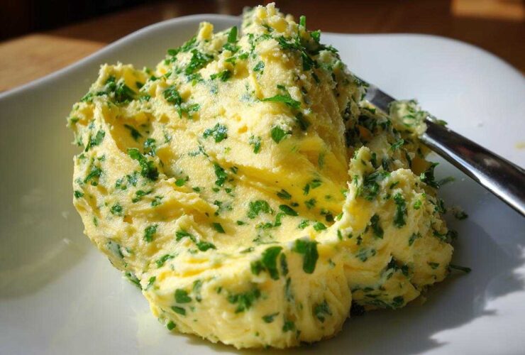 A mound of homemade garlic butter mixed with bright green chopped parsley served on a white dish.