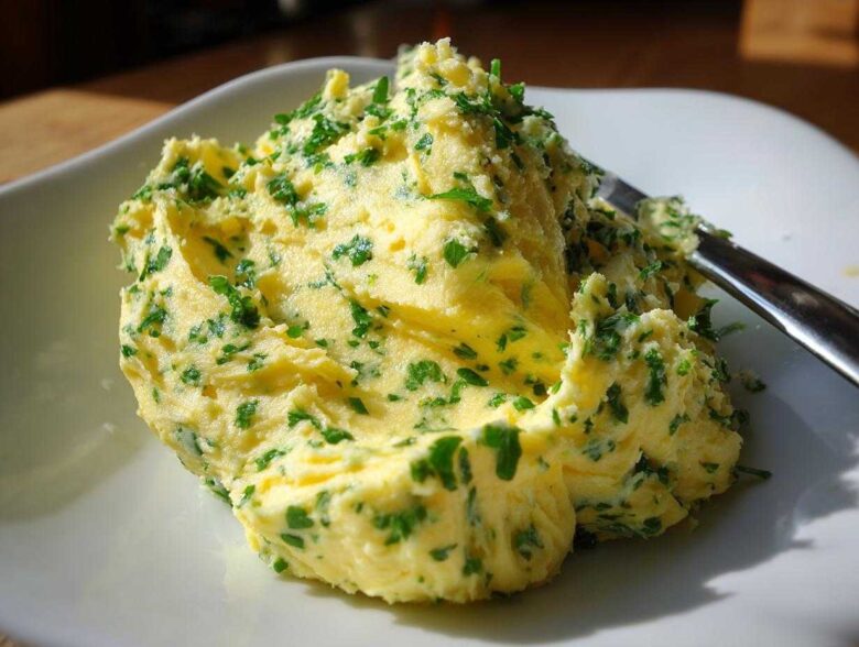 A mound of homemade garlic butter mixed with bright green chopped parsley served on a white dish.
