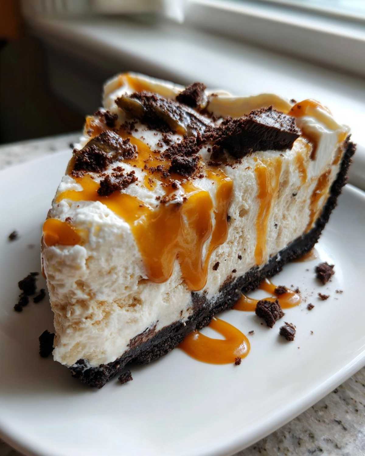 A decadent slice of ice cream pie featuring a dark crust, creamy filling, topped with caramel drizzle and chocolate crumbles.