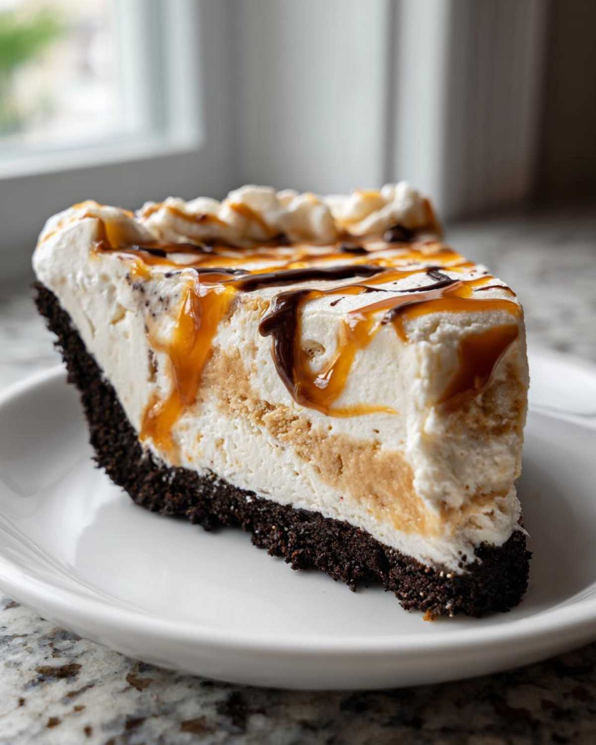 A thick slice of no-bake ice cream pie with a dark crust, creamy filling, and drizzled with caramel and chocolate sauce.