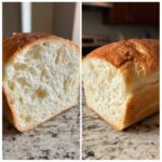 Split view showing the soft, fluffy interior crumb texture of a freshly baked japanese milk bread loaf.