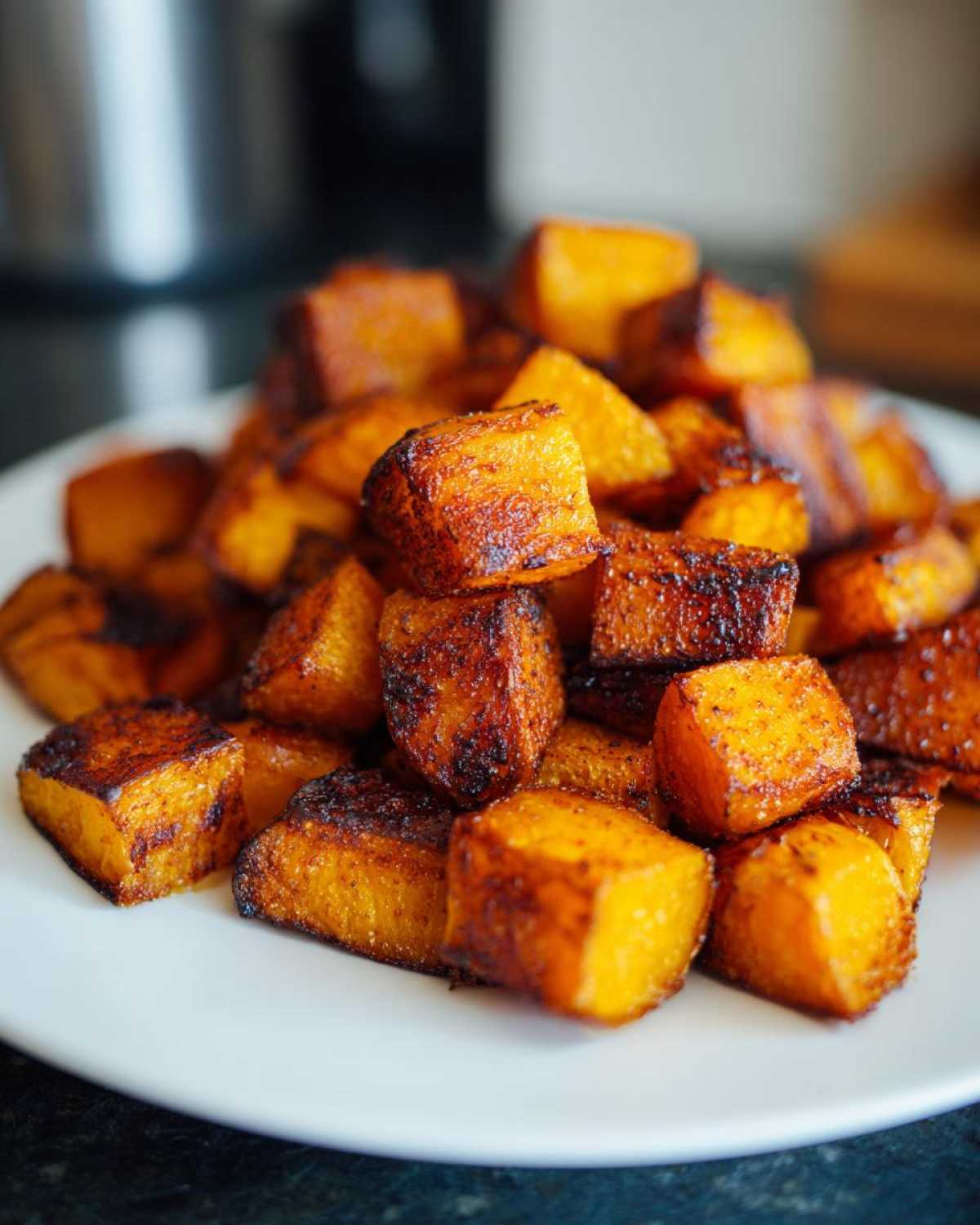 Close-up of perfectly caramelized and seasoned roasted butternut squash cubes piled on a white plate.