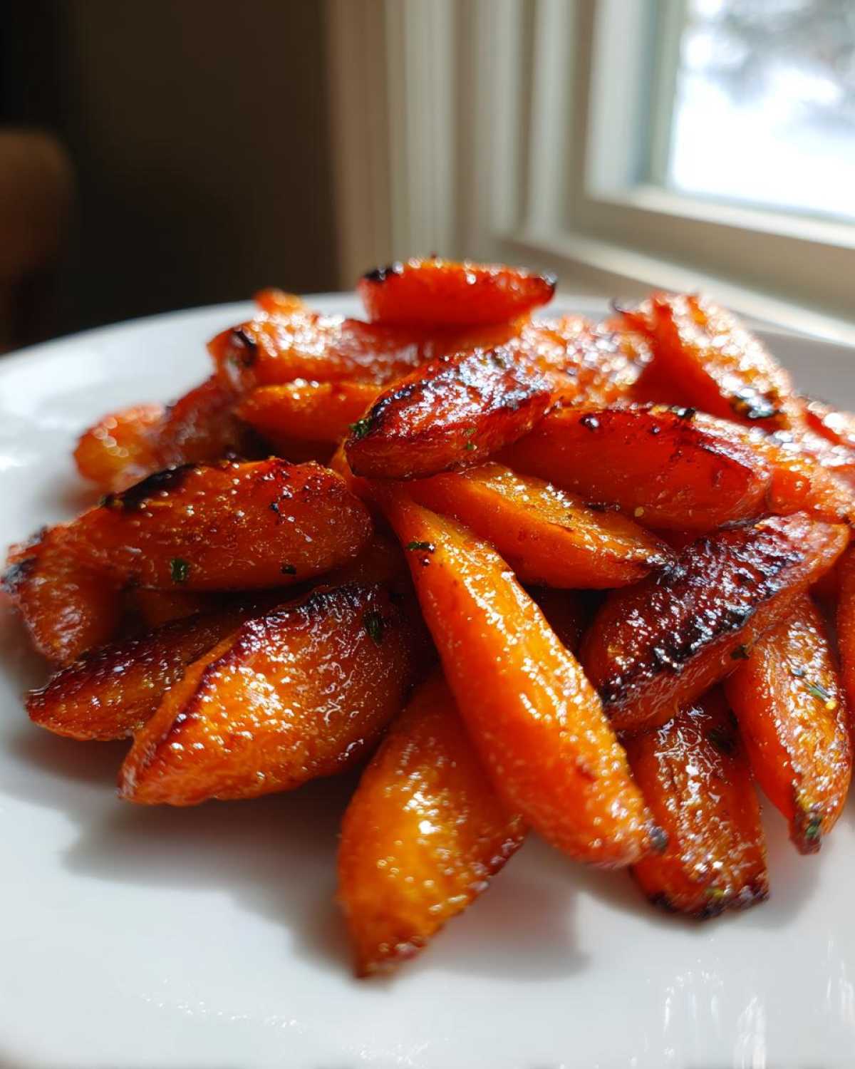 Close-up of shiny, caramelized roasted carrots piled on a white plate, showing slight charring.
