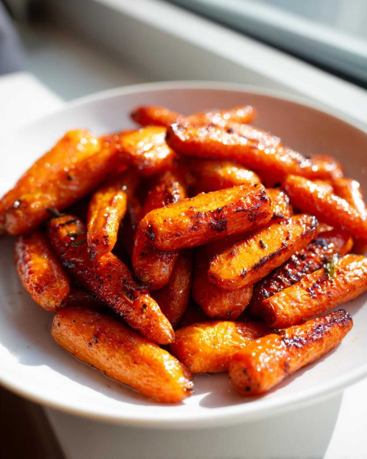A close-up of sweet, glazed roasted carrots piled high in a white bowl, showing caramelized edges.