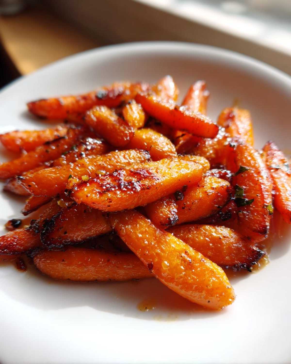 Close-up of shiny, glazed roasted carrots with caramelized edges served on a white plate.