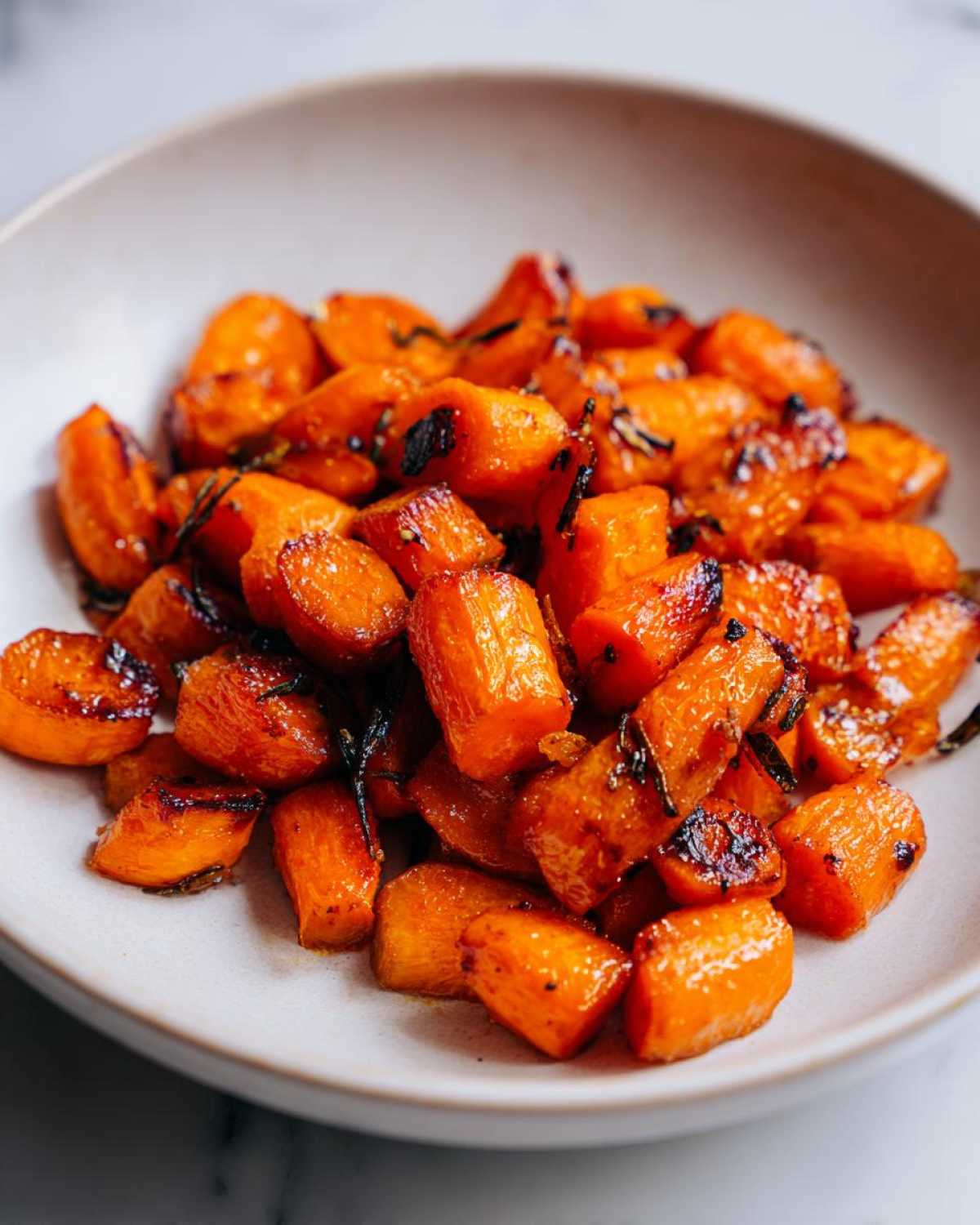 Close-up of perfectly caramelized and glazed roasted carrots seasoned with herbs in a light-colored bowl.