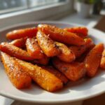 A close-up of shiny, glazed roasted carrots seasoned with herbs, served on a white plate near a window.