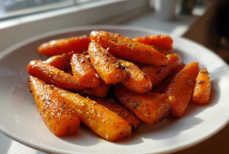 A close-up of shiny, glazed roasted carrots seasoned with herbs, served on a white plate near a window.