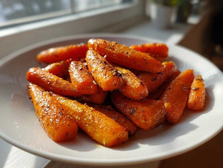 A close-up of shiny, glazed roasted carrots seasoned with herbs, served on a white plate near a window.